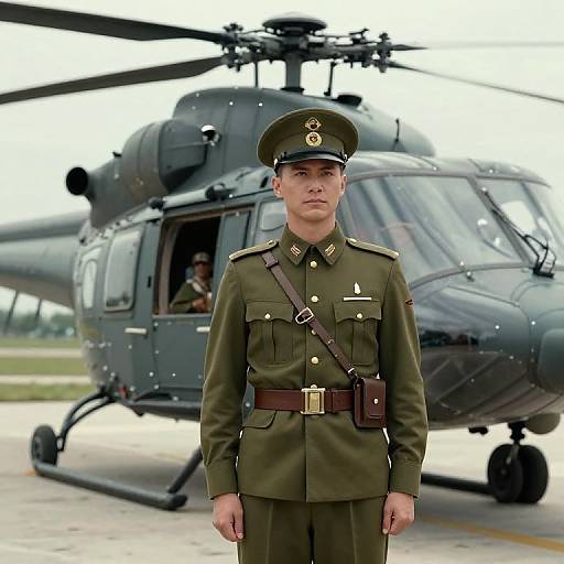 Man in Military Uniform Standing by Helicopter on Airfield