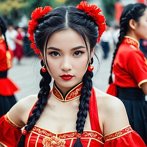 Young Woman in Red Costume with Braided Pigtails