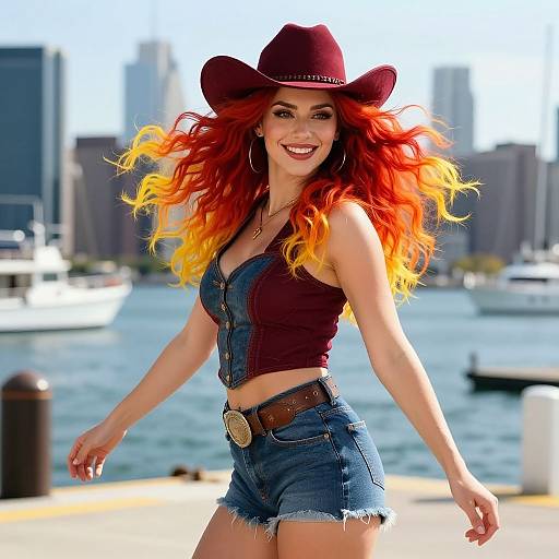 Woman with Ombre Red and Yellow Hair in Denim Outfit by Waterfront