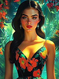 Elegant Woman in Tropical Floral Dress