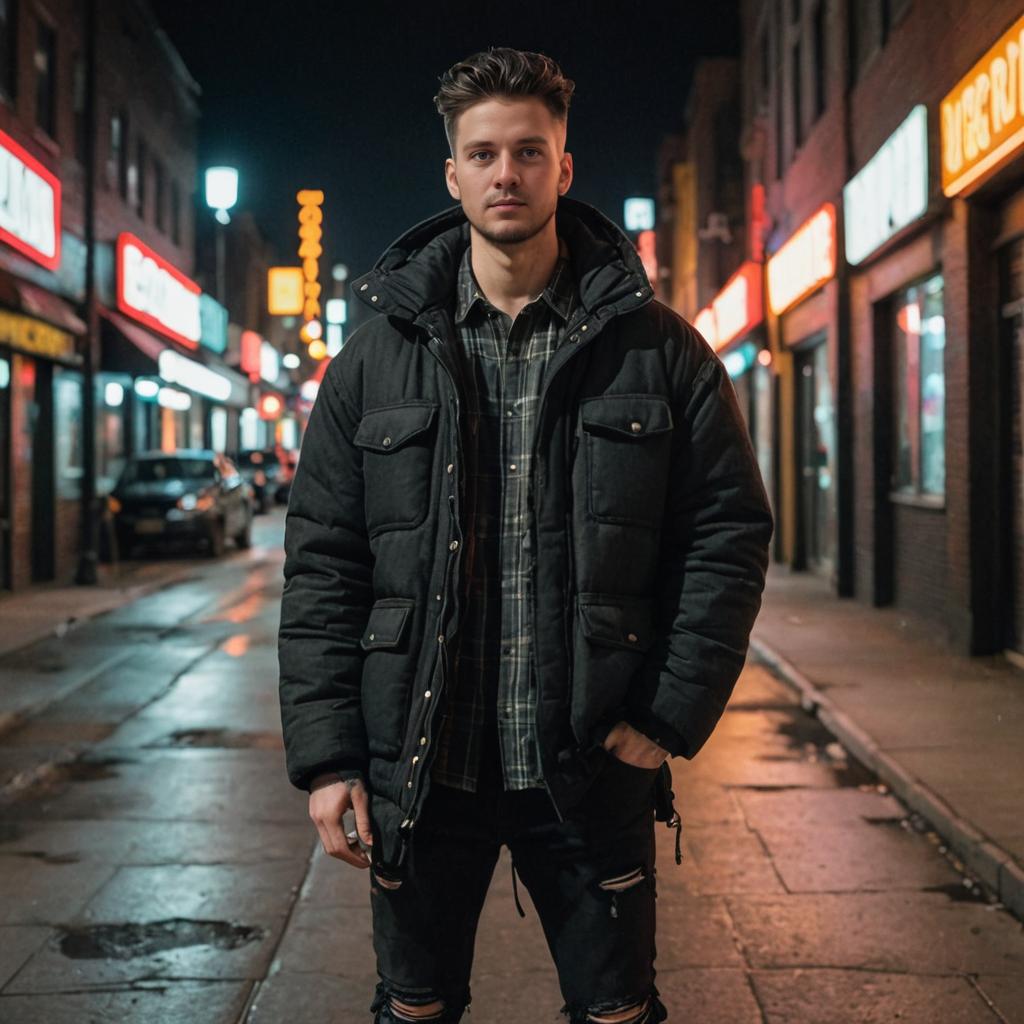 Stylish Man on City Street at Night