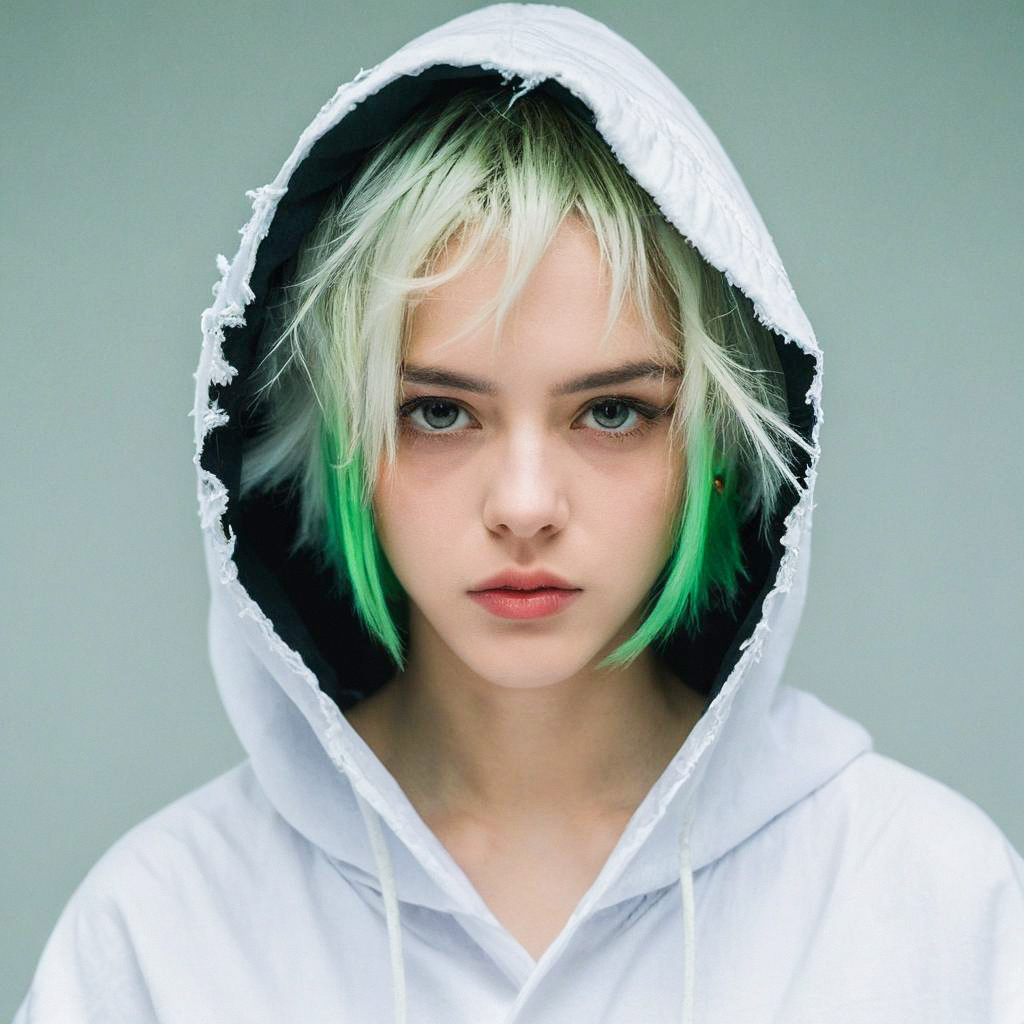 Young Woman with Green Highlights in Hoodie Young Woman with Green Highlights in Hoodie