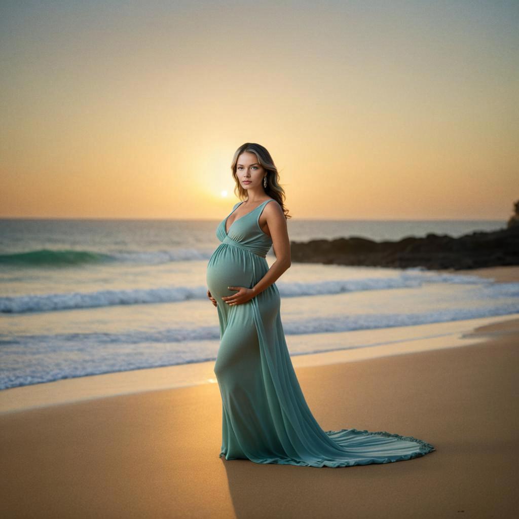 Elegant Pregnant Woman on Beach at Sunset