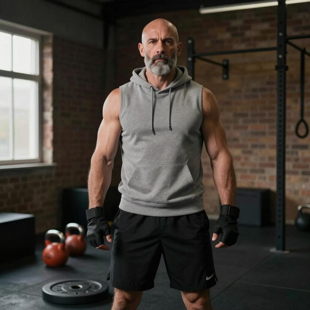 Strong Fit Mature Man in Gym Wearing Sleeveless Hoodie