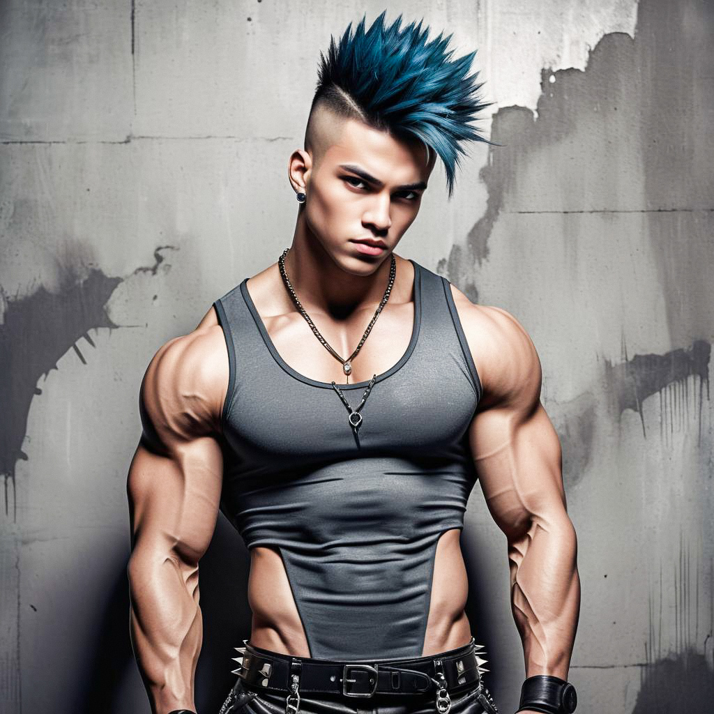 Muscular Man with Blue Mohawk in Punk Style Muscular Man with Blue Mohawk in Punk Style