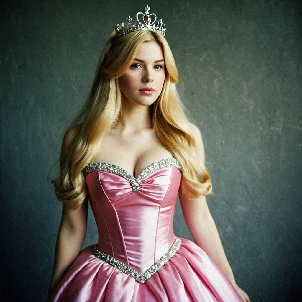 Elegant Young Woman in Pink Satin Gown with Crown