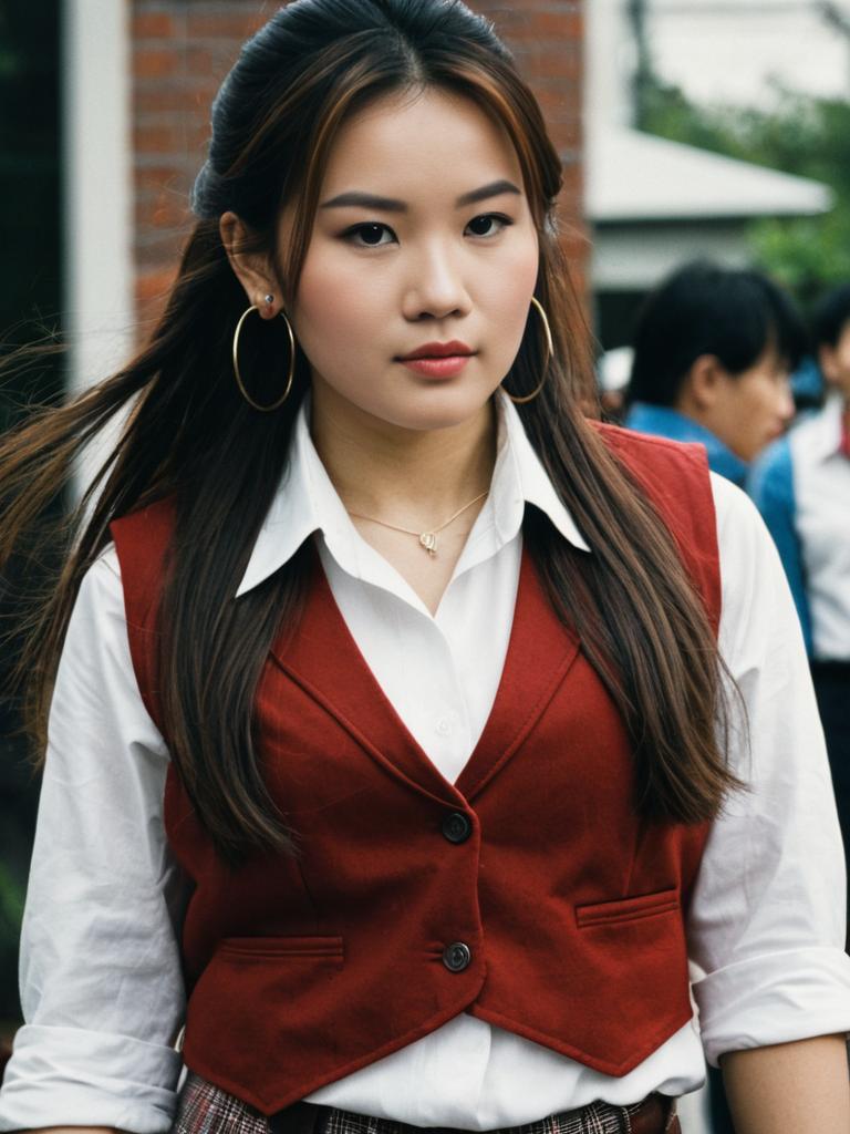 Realistic Sully Costume Woman Wearing White Shirt and Red Vest