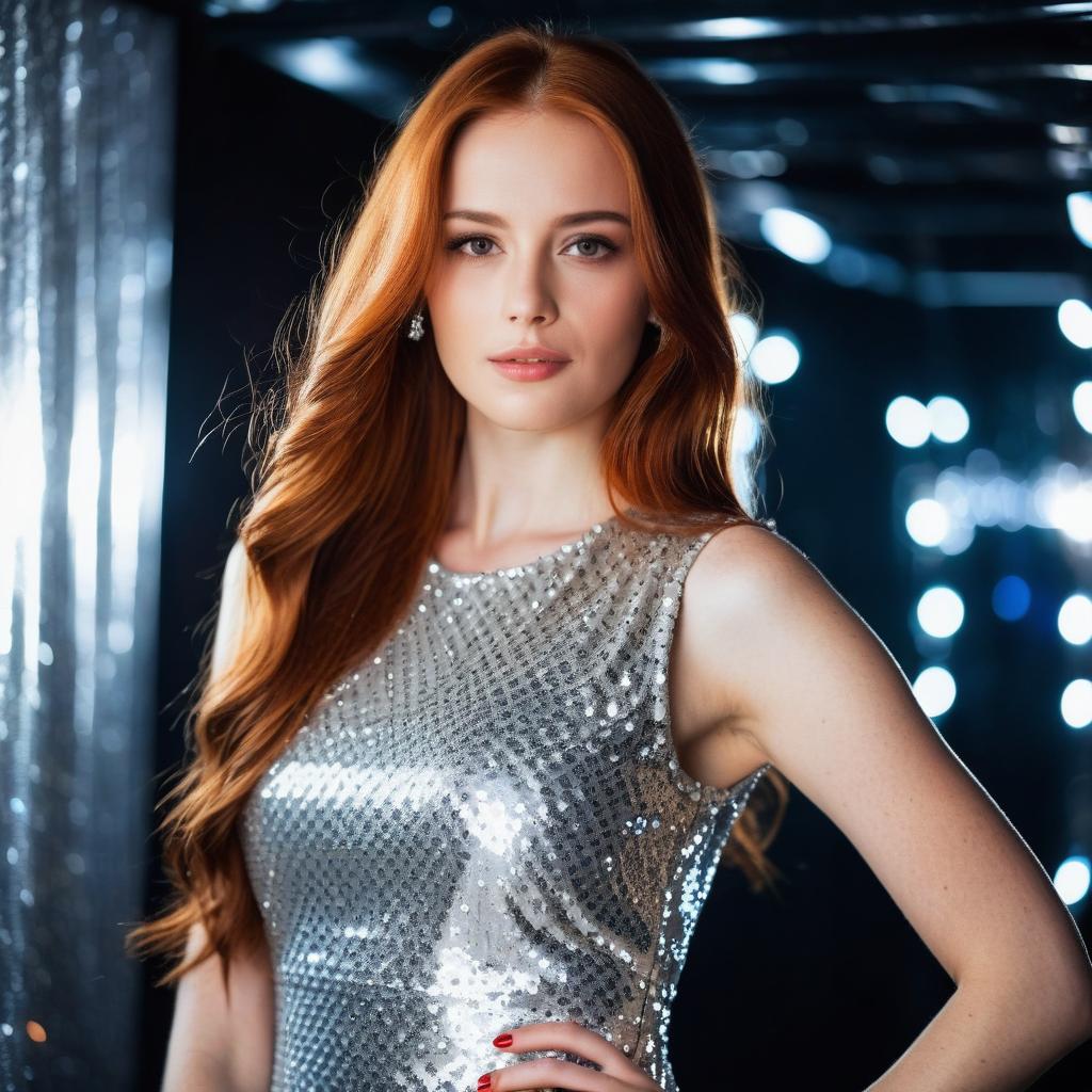 Elegant Woman in Silver Sequin Dress with Bokeh Lights