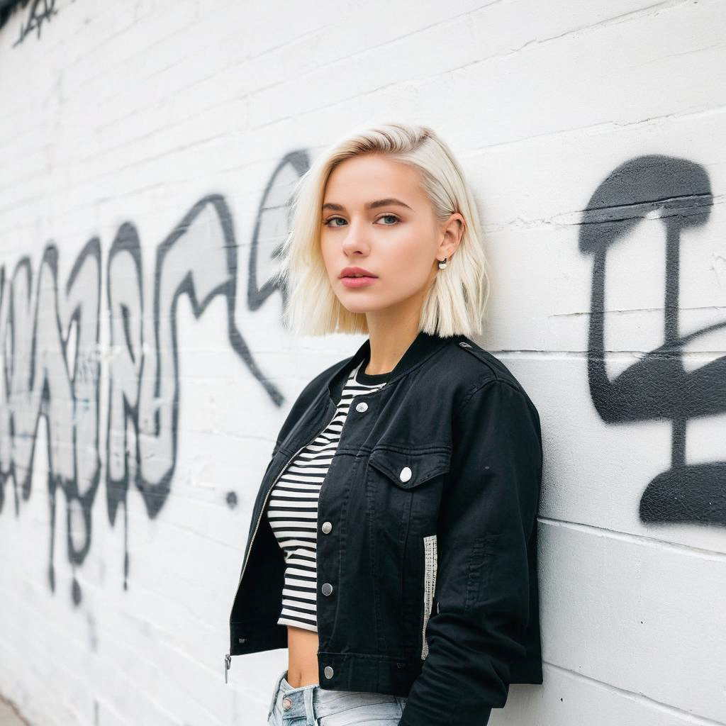 Stylish Young Woman in Urban Fashion Against Graffiti Wall