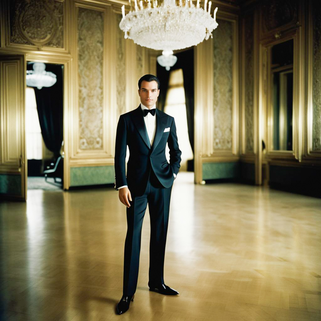 Elegant Man in Tuxedo at Opulent Ballroom