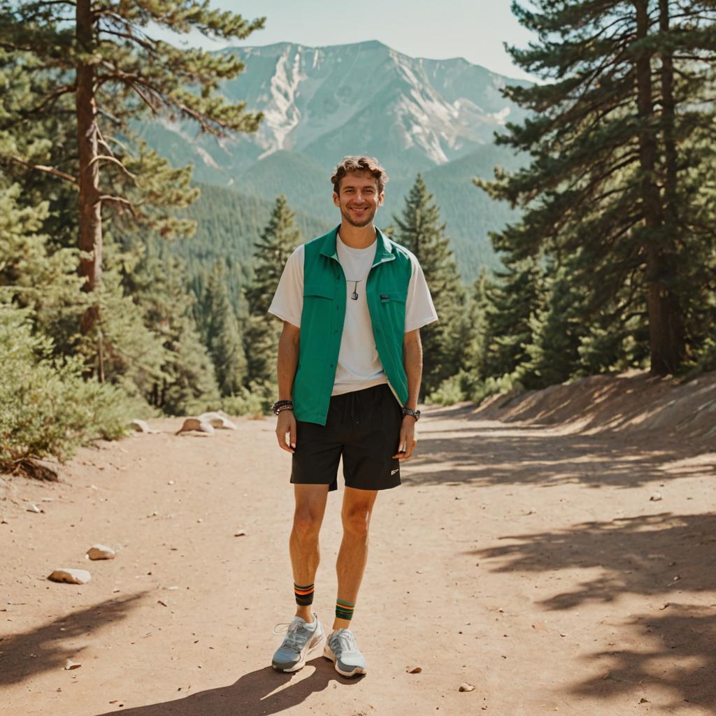 Smiling man on a dirt path with mountains