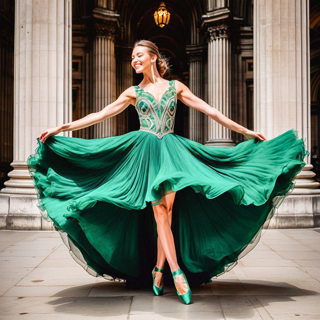 Woman Twirling in Emerald Green Gown