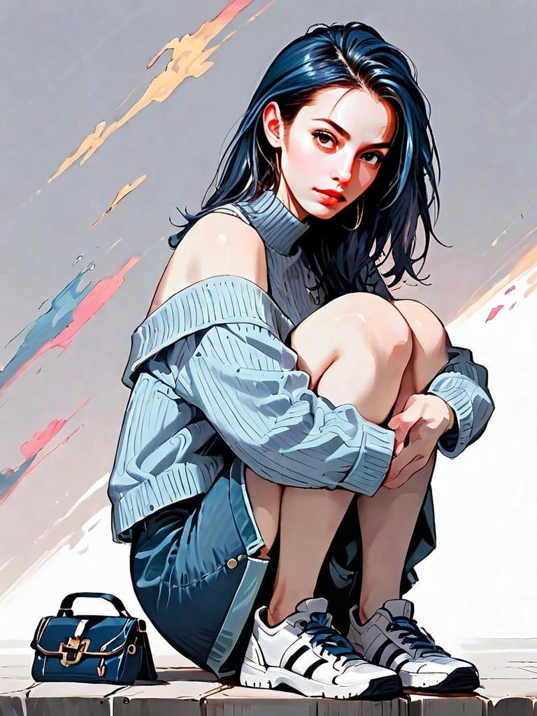 Realistic Digital Art of Woman in Bodycon Dress and Ribbed Knit Sweater