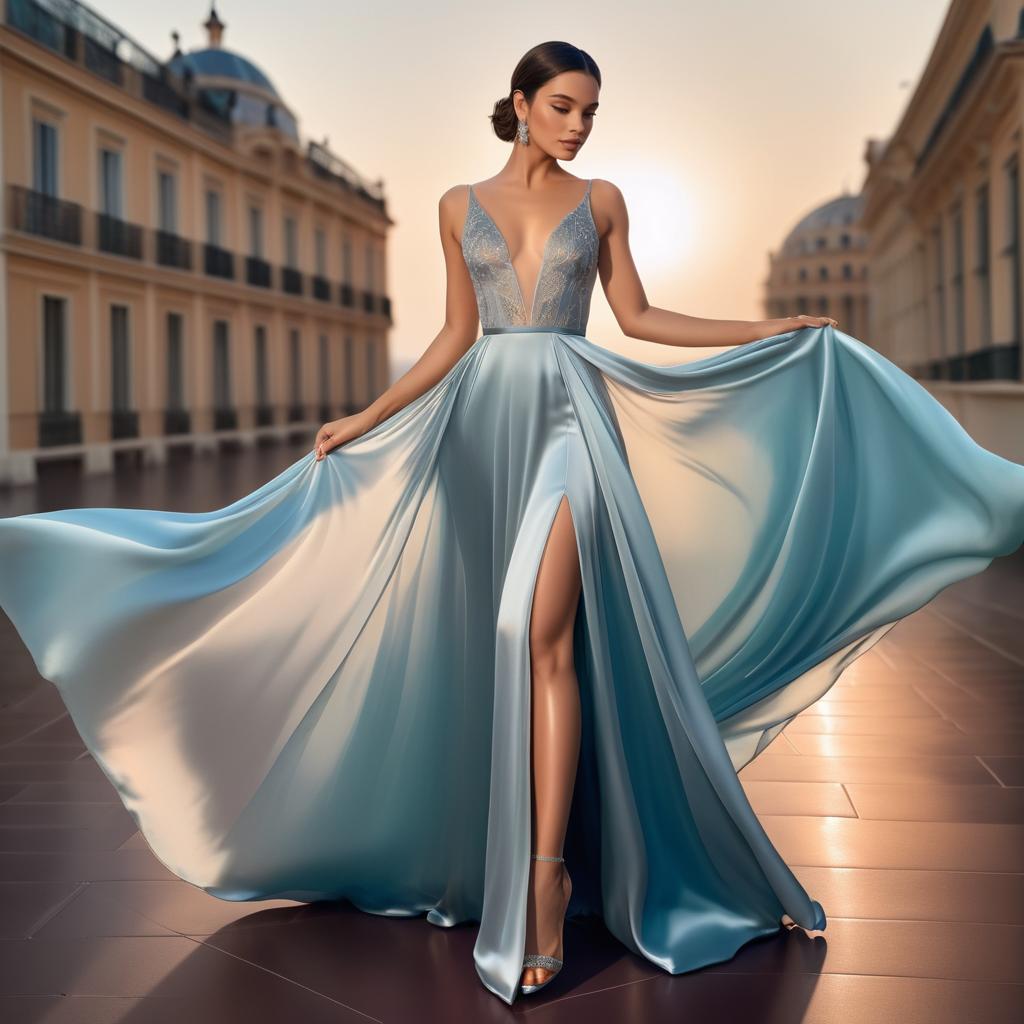 Elegant Woman in Flowing Blue Gown at Golden Hour