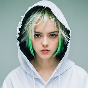 Young Woman with Green Highlights in Hoodie