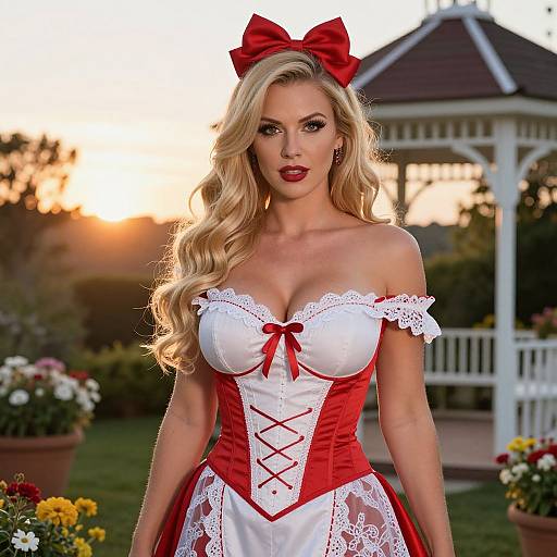 Elegant Woman in Red and White Corset Dress with Red Bow Headband Outdoors at Sunset
