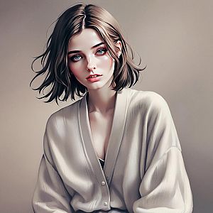 Anime-style portrait of a young woman in a white cardigan
