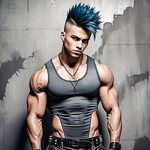 Muscular Man with Blue Mohawk in Punk Style