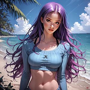 Young Woman with Purple Hair on Tropical Beach