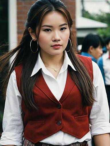 Realistic Sully Costume Woman Wearing White Shirt and Red Vest