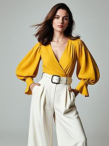 Fashionable Woman in Mustard Yellow Blouse and White Wide-Leg Trousers