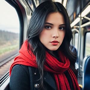 Young Woman with Red Scarf on Train