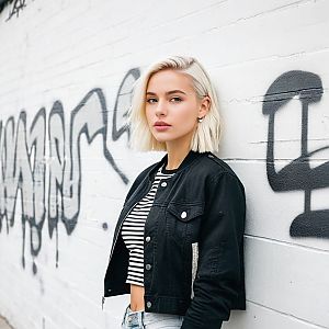 Stylish Young Woman in Urban Fashion Against Graffiti Wall