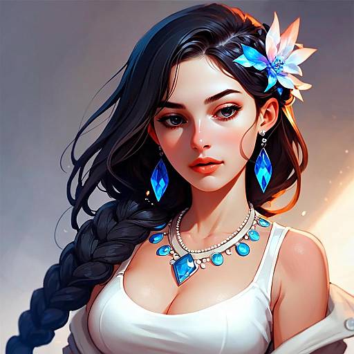 Portrait of Woman with Blue Gemstone Jewelry and Braided Hair Digital Illustration