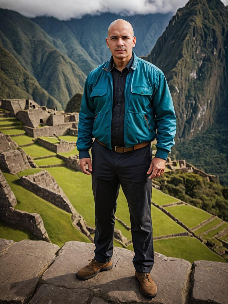 Man in Modern Attire at Machu Picchu