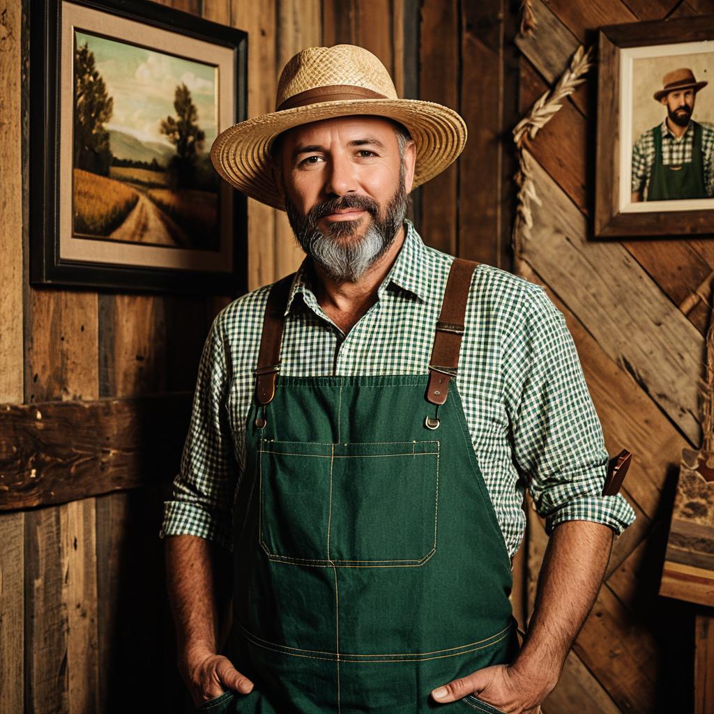 Rustic Farmer in Straw Hat and Green Apron in Cozy Wooden Interior