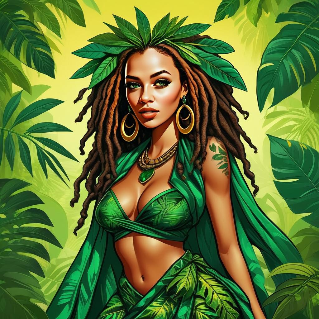 Confident Woman in Tropical Outfit with Jungle Background Confident Woman in Tropical Outfit with Jungle Background