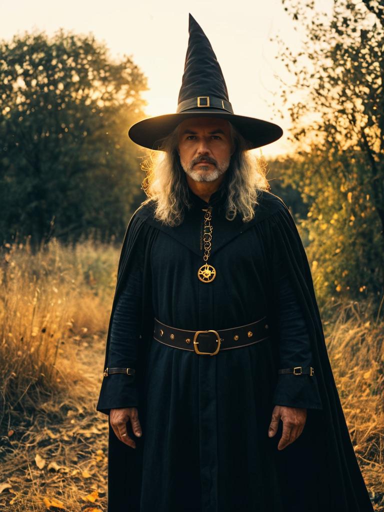 Man in Modern Witch Costume Photorealistic Golden Hour Outdoor Photo