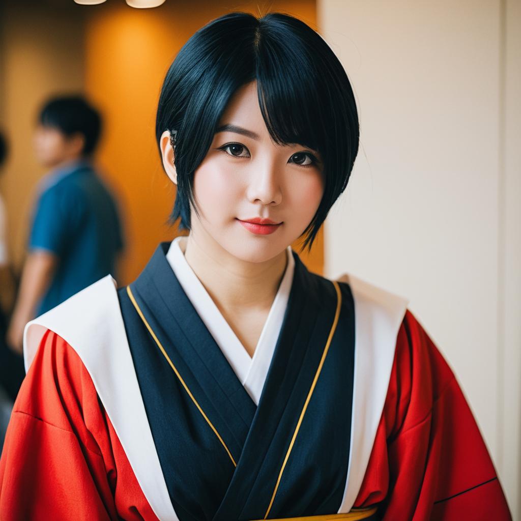 Young Woman in Traditional Japanese Kimono Portrait Indoors