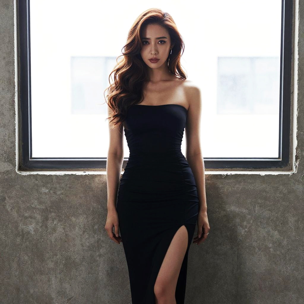 Elegant Woman in Black Strapless Evening Gown Standing by Window