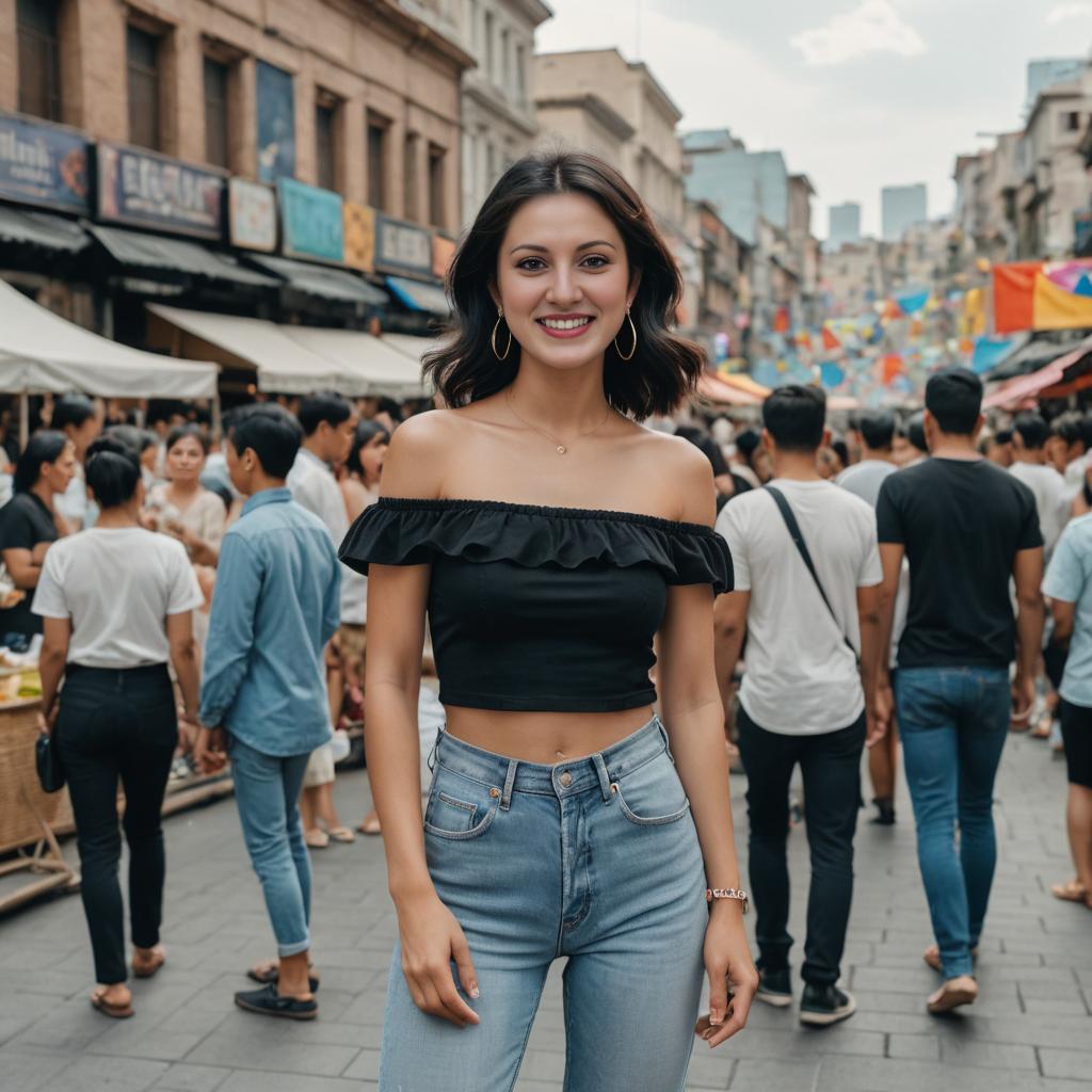 Confident Woman in Chic Outfit at Street Market