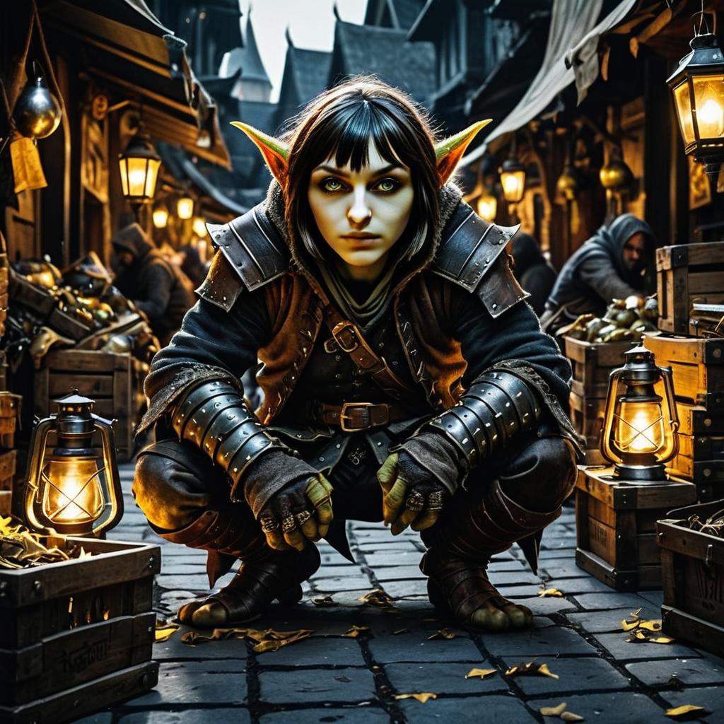 Medieval Fantasy Woman Elf in Armor Crouching in Lantern-Lit Market