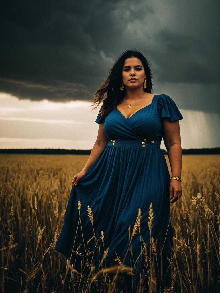 Trendy Plus Size Summer Dress Woman in Blue Dress Standing in a Wheat Field