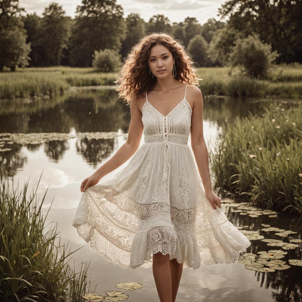 Woman in White Lace Dress by Tranquil Pond