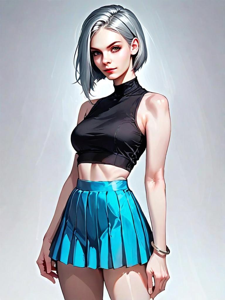Realistic Comic Style Portrait of Woman in Modern Black Crop Top and Blue Skirt