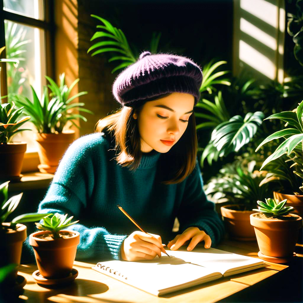 Young Woman in Purple Beret Writing Surrounded by Plants