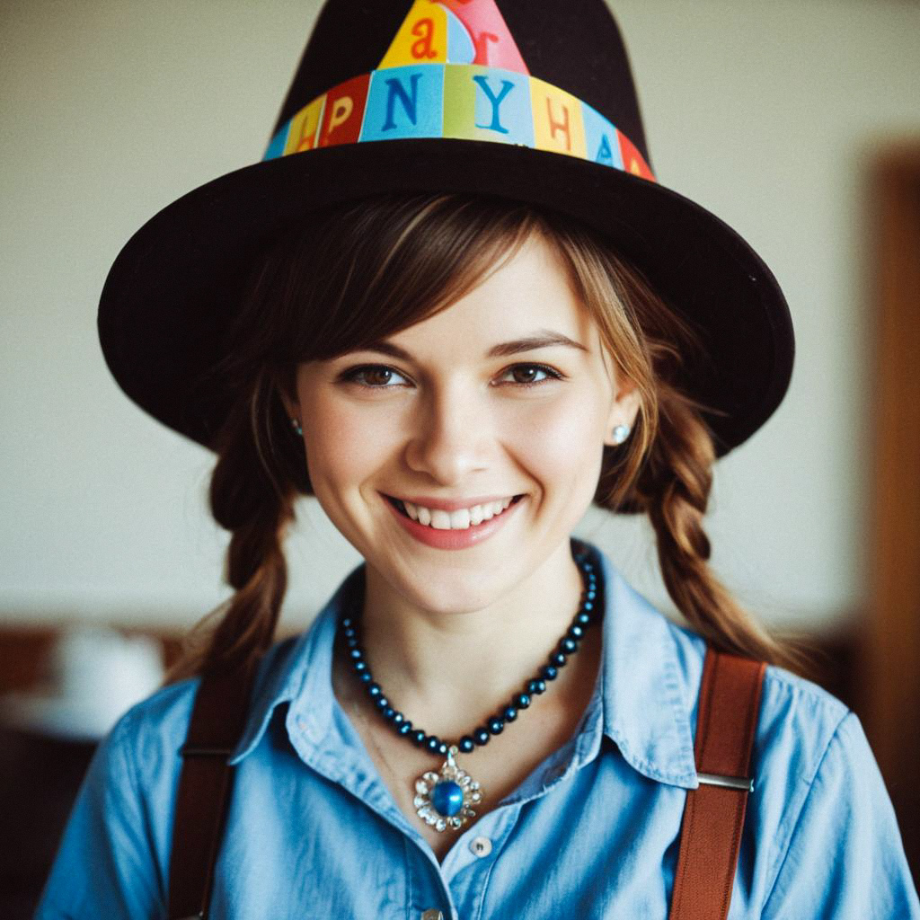 Young Woman in Blue Shirt with Colorful Hat and Necklace Young Woman in Blue Shirt with Colorful Hat and Necklace