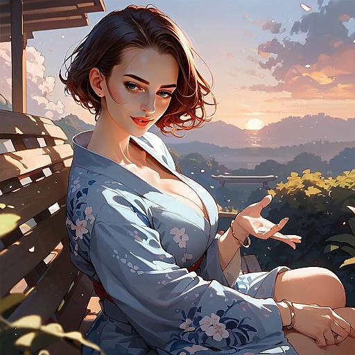 Anime Style Woman in Blue Kimono at Sunset on Wooden Bench