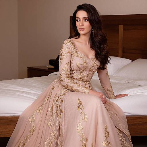 Elegant Woman in Embroidered Pink and Gold Gown Sitting on Bed