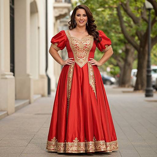 Elegant Woman in Red and Gold Embroidered Formal Gown