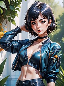 Stylish Woman in Glossy Black Leather Jacket Digital Art Portrait