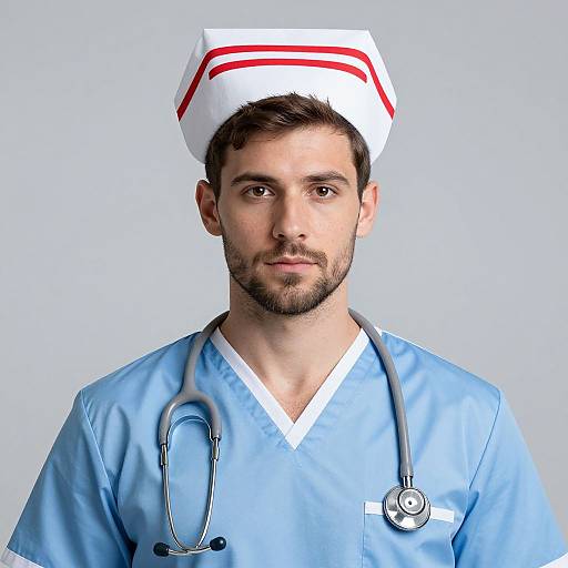 Male Nurse in Traditional Cap and Blue Scrubs with Stethoscope