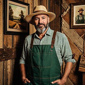 Rustic Farmer in Straw Hat and Green Apron in Cozy Wooden Interior