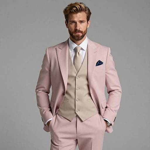 Man in Stylish Pastel Pink Suit with Beige Vest and Tie Fashion Portrait