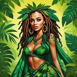 Confident Woman in Tropical Outfit with Jungle Background