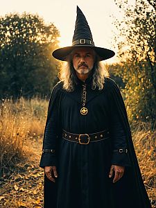 Man in Modern Witch Costume Photorealistic Golden Hour Outdoor Photo